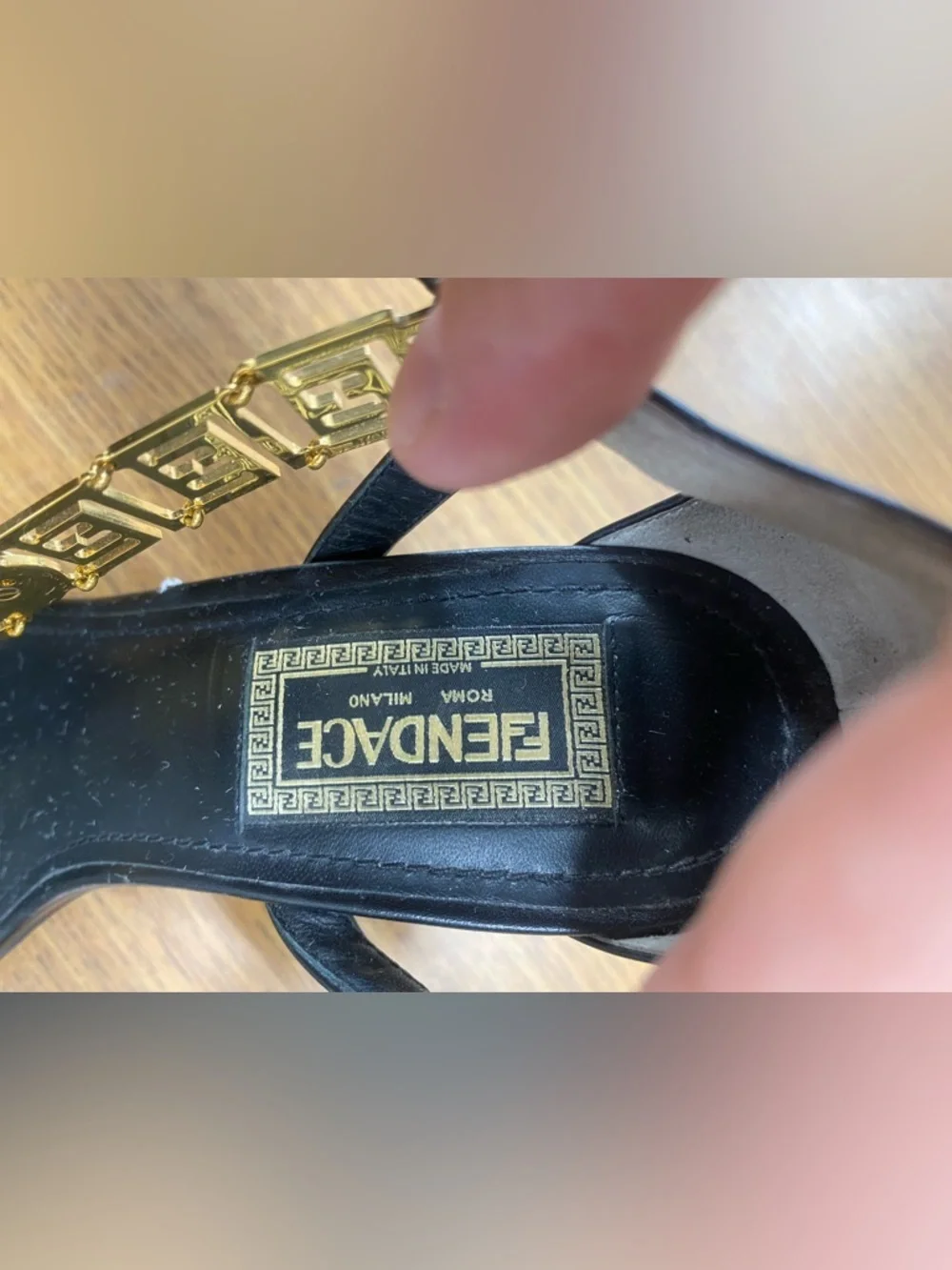 Fendi First Fendace  Black Leather T-Strap Heels with Gold Medusa Chain